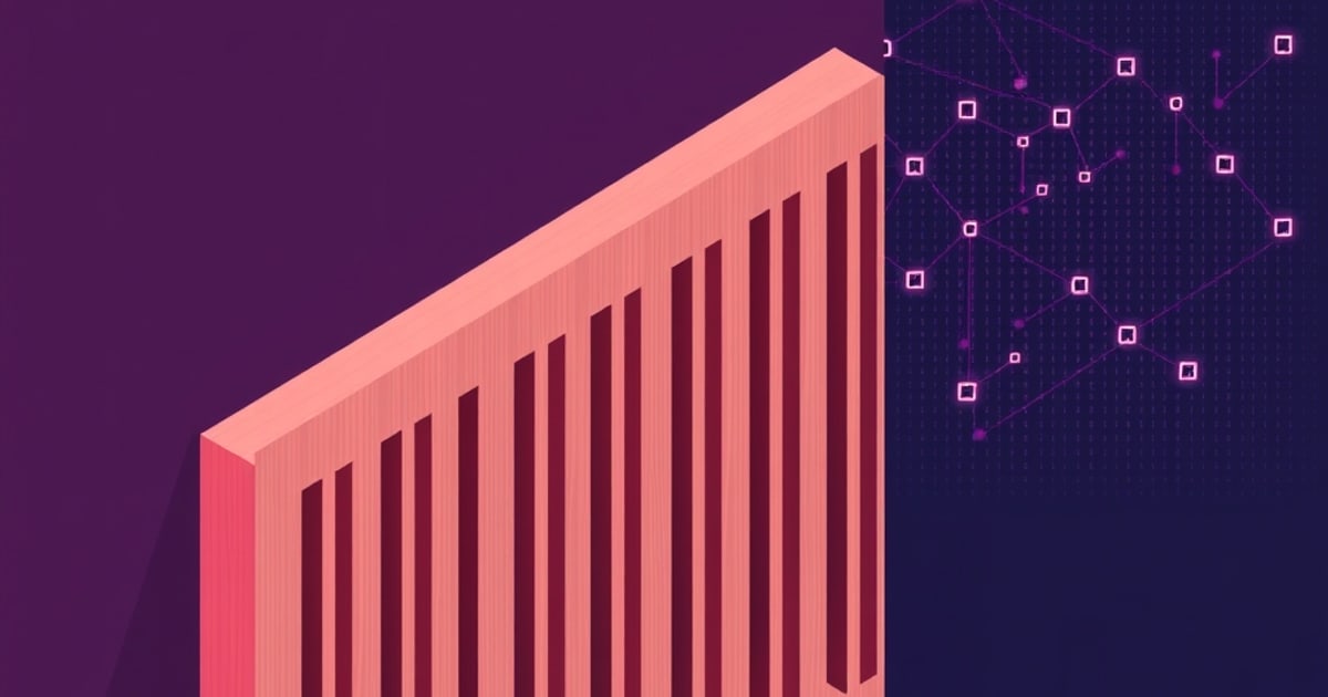 Isometric illustration of a pink panel with long vertical slots against a purple background with glowing connected squares.